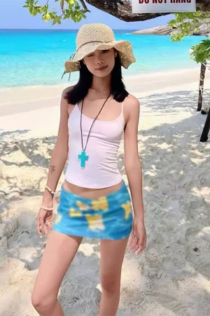 Summer Women's Blue Bodycon Skirt - Hand-Painted Egg Flower Design, Low-Waist Mesh, American Style, Hot and Spicy Short Skirt