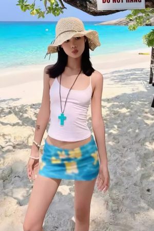 Summer Women's Blue Bodycon Skirt - Hand-Painted Egg Flower Design, Low-Waist Mesh, American Style, Hot and Spicy Short Skirt