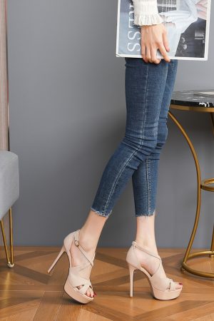 Summer Women's Cross Strap High Heels Sandals - 12CM Waterproof Platform, European American Style, Sexy Footwear for 2025