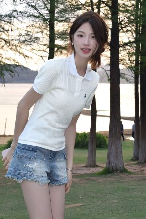 Summer Women's Knitted Short Sleeve Polo Shirt - Twisted Embroidered Design, Slim Fit, Flattering College Style Top