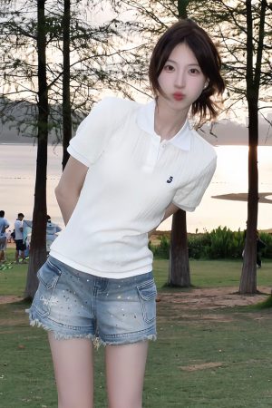 Summer Women's Knitted Short Sleeve Polo Shirt - Twisted Embroidered Design, Slim Fit, Flattering College Style Top