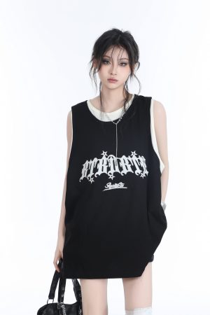 Summer Women's Loose Sports Sleeveless Top - Embroidered Fake Two-Piece Vest with Sit and Eat Until the Mountains Are Empty Design