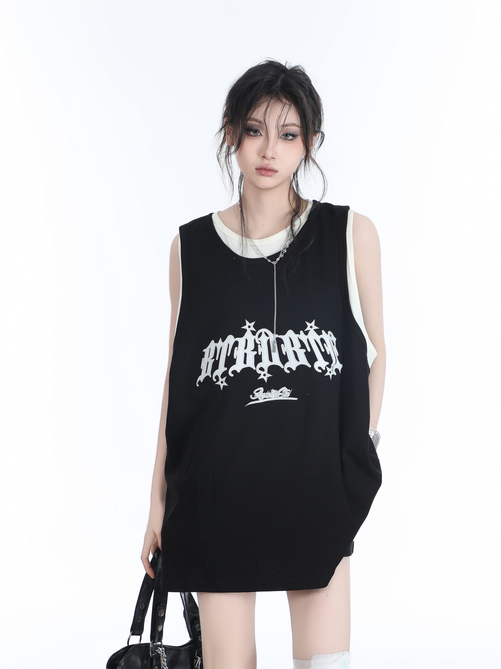 Summer Women's Loose Sports Sleeveless Top - Embroidered Fake Two-Piece Vest with Sit and Eat Until the Mountains Are Empty Design Summer Women's Loose Sports Sleeveless Top - Embroidered Fake Two-Piece Vest with Sit and Eat Until the Mountains Are Empty Design
