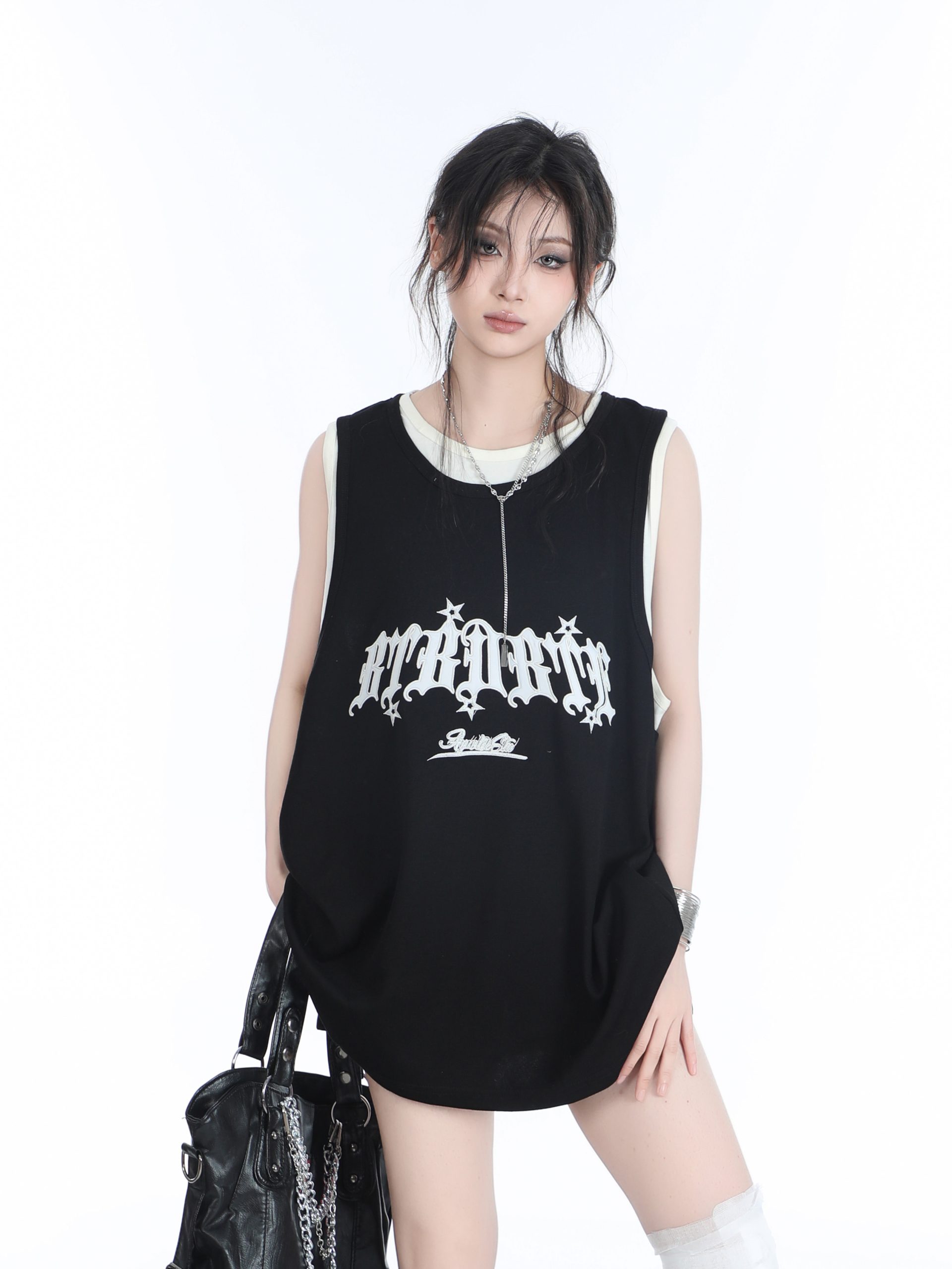 Summer Women's Loose Sports Sleeveless Top - Embroidered Fake Two-Piece Vest with Sit and Eat Until the Mountains Are Empty Design Summer Women's Loose Sports Sleeveless Top - Embroidered Fake Two-Piece Vest with Sit and Eat Until the Mountains Are Empty Design