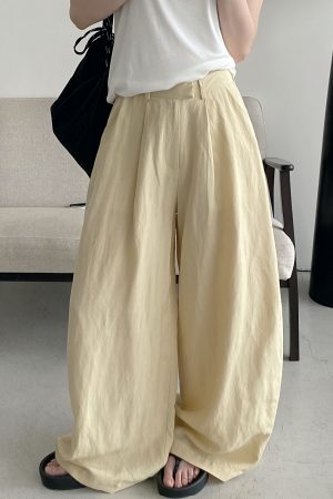 Summer Women's Slim Minimalist Wide-Leg Pants in Sun Grapefruit Linen Tencel - Thin Loose Fit for Effortless Style