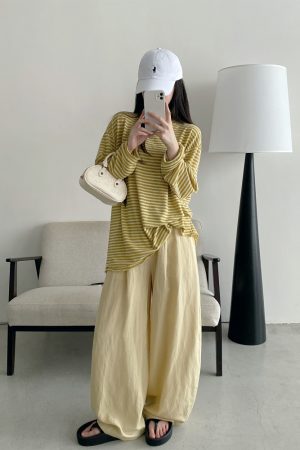 Summer Women's Slim Minimalist Wide-Leg Pants in Sun Grapefruit Linen Tencel - Thin Loose Fit for Effortless Style