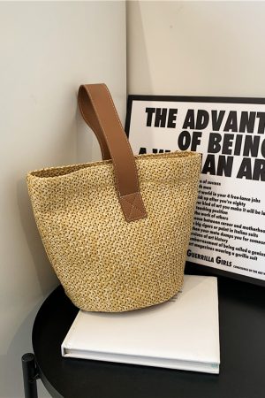 Summer Woven Straw Bucket Bag for Women - 2025 Stylish Beach Handbag, Vacation Essential, Small Tote for Girls