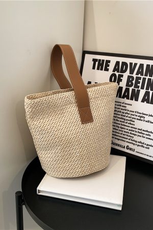 Summer Woven Straw Bucket Bag for Women - 2025 Stylish Beach Handbag, Vacation Essential, Small Tote for Girls