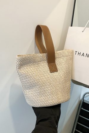 Summer Woven Straw Bucket Bag for Women - 2025 Stylish Beach Handbag, Vacation Essential, Small Tote for Girls