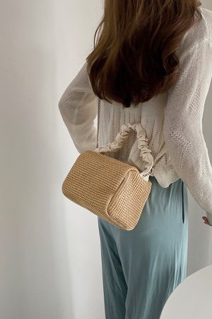 Summer Woven Straw Tote Bag for Women, French Style Color-Blocking Crossbody Bag, 2024 Niche Versatile Chain Design