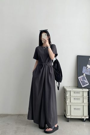 Sun Grapefruit Niche Design Cross-Tie Waist Slimming Long Dress with Short Sleeves - Elegant Summer Fashion