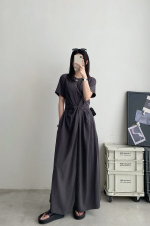 Sun Grapefruit Niche Design Cross-Tie Waist Slimming Long Dress with Short Sleeves - Elegant Summer Fashion