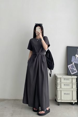 Sun Grapefruit Niche Design Cross-Tie Waist Slimming Long Dress with Short Sleeves - Elegant Summer Fashion