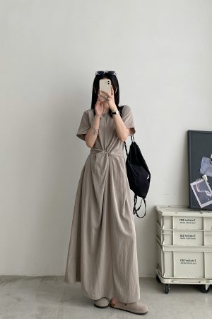 Sun Grapefruit Niche Design Cross-Tie Waist Slimming Long Dress with Short Sleeves - Elegant Summer Fashion