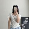 Sun Grapefruit Oversized Pleated Short-Sleeve T-Shirt for Women - Summer Fitted U-Neck White Top in Trendy Korean Style