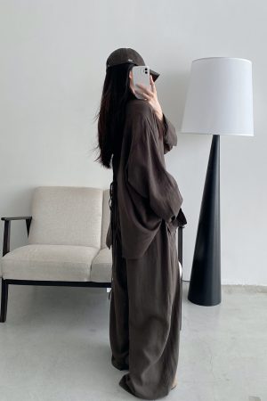 Sun Grapefruit Two-Piece Set - Ramie Tencel Loose Split Shirt & Wide-Leg Drawstring Pants - Relaxed Summer Outfit