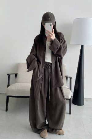 Sun Grapefruit Two-Piece Set - Ramie Tencel Loose Split Shirt & Wide-Leg Drawstring Pants - Relaxed Summer Outfit