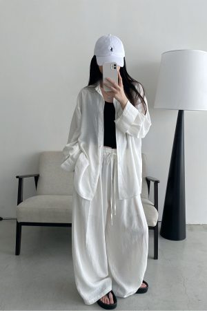 Sun Grapefruit Two-Piece Set - Ramie Tencel Loose Split Shirt & Wide-Leg Drawstring Pants - Relaxed Summer Outfit