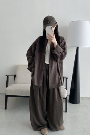 Sun Grapefruit Two-Piece Set - Ramie Tencel Loose Split Shirt & Wide-Leg Drawstring Pants - Relaxed Summer Outfit