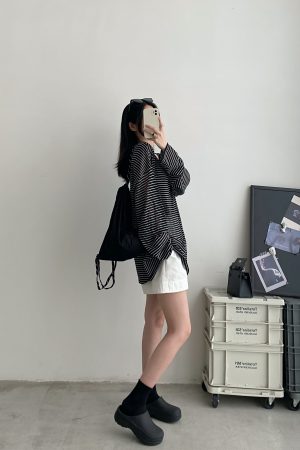 Sun Protection Striped Round Neck Long Sleeve Knitted T-Shirt for Women - Summer Loose Thin Cardigan in Korean Style