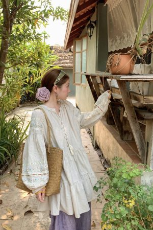 Sunny Brew Daisy Retro Linen Cotton Embroidered Long Sleeve Dress for Women - Spring Loose A-Line Maxi Dress, Vintage Style