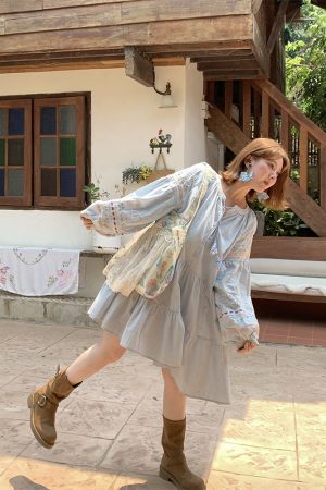 Sunny Brew Daisy Retro Linen Cotton Embroidered Long Sleeve Dress for Women - Spring Loose A-Line Maxi Dress, Vintage Style