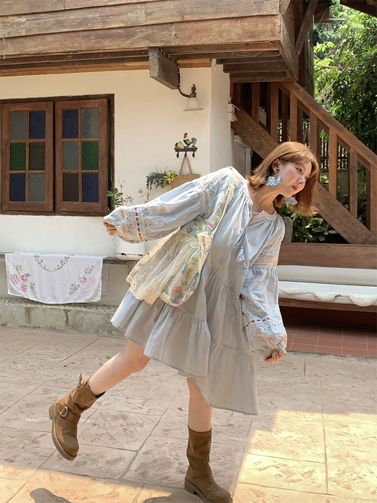 Sunny Brew Daisy Retro Linen Cotton Embroidered Long Sleeve Dress for Women - Spring Loose A-Line Maxi Dress, Vintage Style Sunny Brew Daisy Retro Linen Cotton Embroidered Long Sleeve Dress for Women - Spring Loose A-Line Maxi Dress, Vintage Style