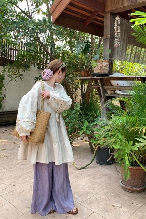 Sunny Brew Daisy Retro Linen Cotton Embroidered Long Sleeve Dress for Women - Spring Loose A-Line Maxi Dress, Vintage Style