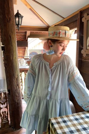 Sunny Brew Daisy Retro Linen Cotton Embroidered Long Sleeve Dress for Women - Spring Loose A-Line Maxi Dress, Vintage Style