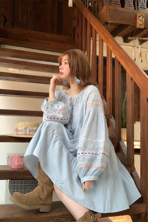 Sunny Brew Daisy Retro Linen Cotton Embroidered Long Sleeve Dress for Women - Spring Loose A-Line Maxi Dress, Vintage Style