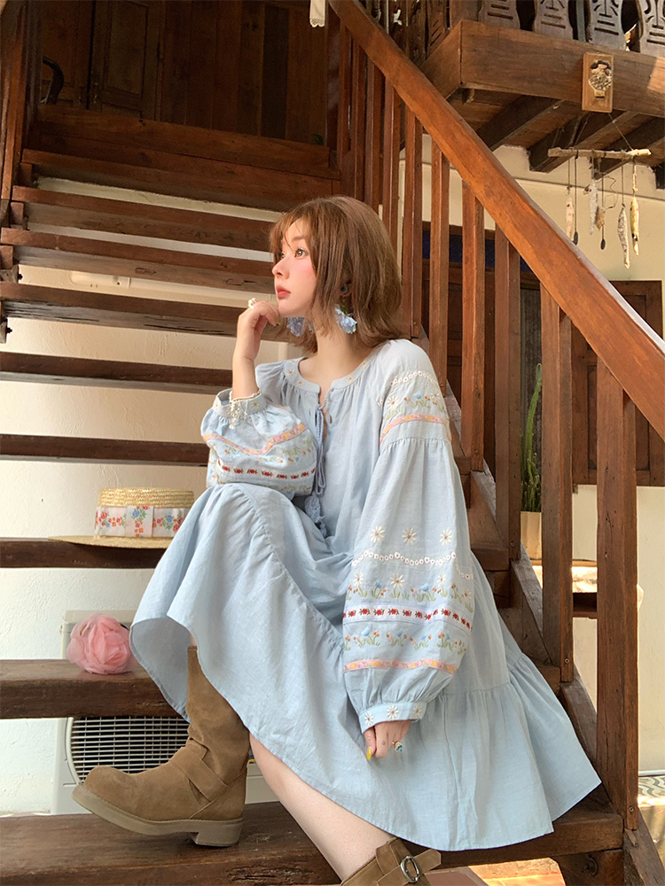 Sunny Brew Daisy Retro Linen Cotton Embroidered Long Sleeve Dress for Women - Spring Loose A-Line Maxi Dress, Vintage Style Sunny Brew Daisy Retro Linen Cotton Embroidered Long Sleeve Dress for Women - Spring Loose A-Line Maxi Dress, Vintage Style