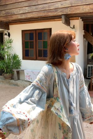 Sunny Brew Daisy Retro Linen Cotton Embroidered Long Sleeve Dress for Women - Spring Loose A-Line Maxi Dress, Vintage Style