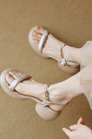 Super Slim Round Toe Pearl Open-Toe Sandals for Women - Summer 2025 Thick Sole One-Strap Footwear in Trendy Style