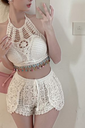 Sweet and Spicy Hollow-Out Camisole with Back Exposure and Tassel Neck, Short Version Knitted Shorts Two-Piece Set for Women