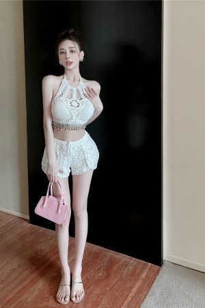 Sweet and Spicy Hollow-Out Camisole with Back Exposure and Tassel Neck, Short Version Knitted Shorts Two-Piece Set for Women