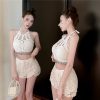 Sweet and Spicy Hollow-Out Camisole with Back Exposure and Tassel Neck, Short Version Knitted Shorts Two-Piece Set for Women