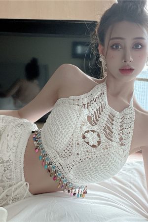 Sweet and Spicy Hollow-Out Camisole with Back Exposure and Tassel Neck, Short Version Knitted Shorts Two-Piece Set for Women
