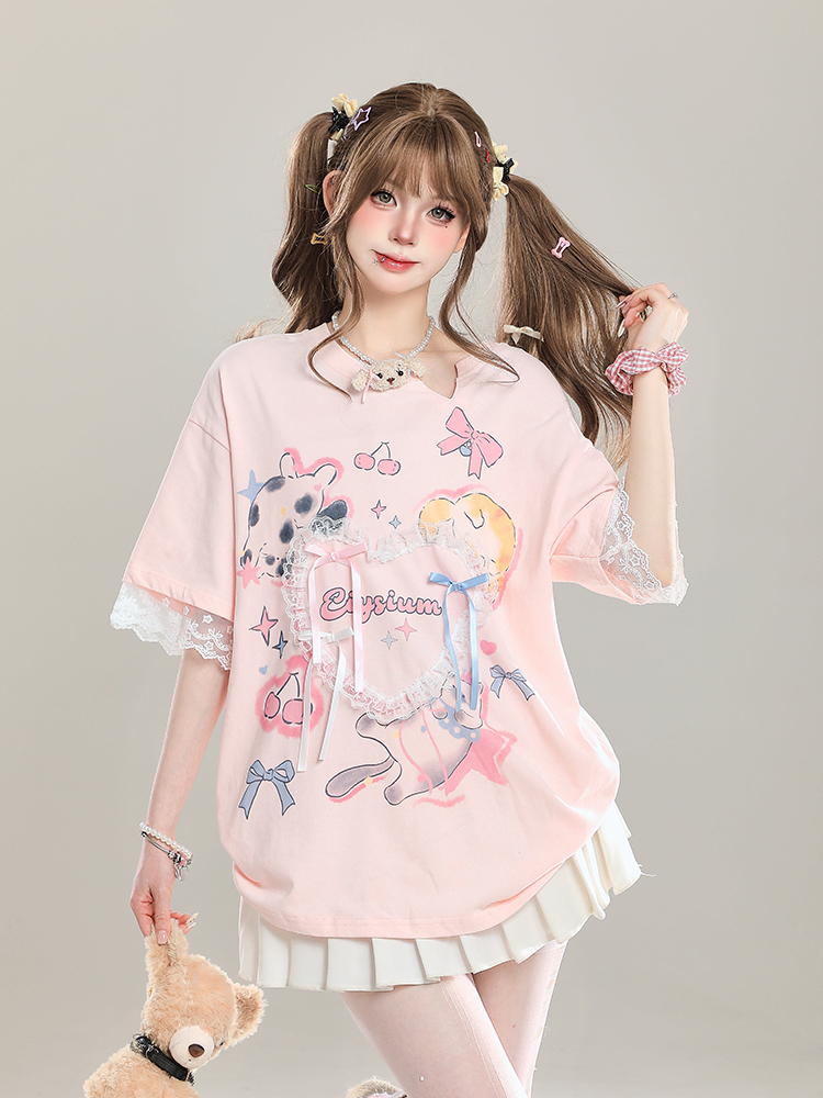 Sweet Bow Print Short Sleeve T-Shirt for Women - Summer 2025 Niche Style, Age-Reducing, Cute and Trendy Fashion Top Sweet Bow Print Short Sleeve T-Shirt for Women - Summer 2025 Niche Style, Age-Reducing, Cute and Trendy Fashion Top