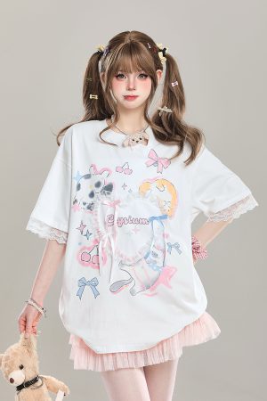 Sweet Bow Print Short Sleeve T-Shirt for Women - Summer 2025 Niche Style, Age-Reducing, Cute and Trendy Fashion Top