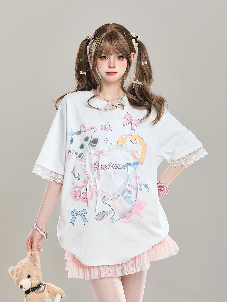 Sweet Bow Print Short Sleeve T-Shirt for Women - Summer 2025 Niche Style, Age-Reducing, Cute and Trendy Fashion Top Sweet Bow Print Short Sleeve T-Shirt for Women - Summer 2025 Niche Style, Age-Reducing, Cute and Trendy Fashion Top