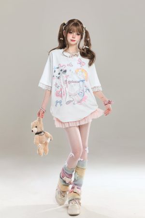 Sweet Bow Print Short Sleeve T-Shirt for Women - Summer 2025 Niche Style, Age-Reducing, Cute and Trendy Fashion Top