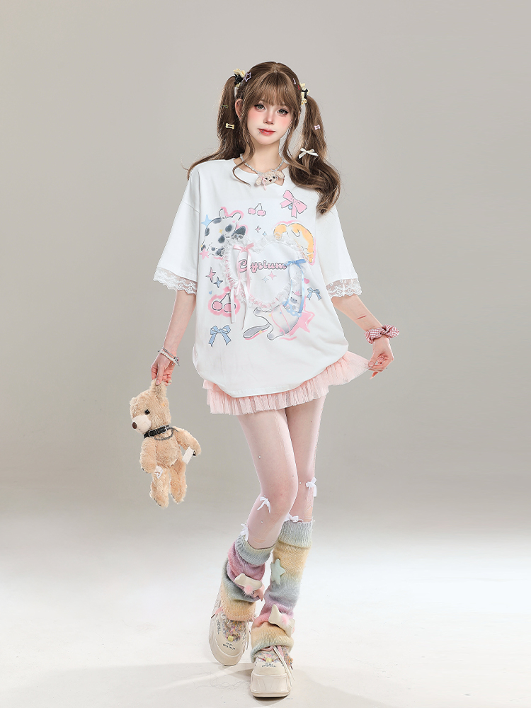 Sweet Bow Print Short Sleeve T-Shirt for Women - Summer 2025 Niche Style, Age-Reducing, Cute and Trendy Fashion Top Sweet Bow Print Short Sleeve T-Shirt for Women - Summer 2025 Niche Style, Age-Reducing, Cute and Trendy Fashion Top