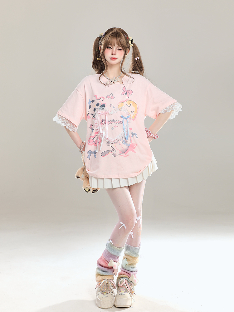 Sweet Bow Print Short Sleeve T-Shirt for Women - Summer 2025 Niche Style, Age-Reducing, Cute and Trendy Fashion Top Sweet Bow Print Short Sleeve T-Shirt for Women - Summer 2025 Niche Style, Age-Reducing, Cute and Trendy Fashion Top