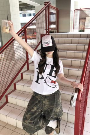 Sweet Cool Kitty Cartoon Print Short Sleeve T-Shirt for Women - Summer 2025 Slim Fit Casual Top, Cute Y2K Style