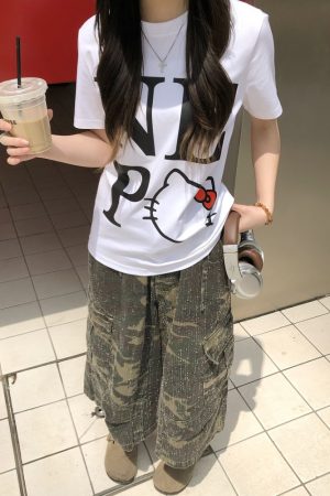 Sweet Cool Kitty Cartoon Print Short Sleeve T-Shirt for Women - Summer 2025 Slim Fit Casual Top, Cute Y2K Style