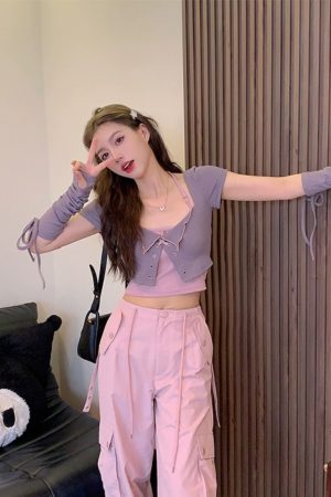 Sweet Cool Spicy Girl Halter Neck Short Sleeve Cardigan and Crop Top Two-Piece Set - Unique Korean Style Women's Fashion