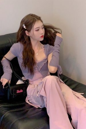 Sweet Cool Spicy Girl Halter Neck Short Sleeve Cardigan and Crop Top Two-Piece Set - Unique Korean Style Women's Fashion