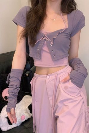 Sweet Cool Spicy Girl Halter Neck Short Sleeve Cardigan and Crop Top Two-Piece Set - Unique Korean Style Women's Fashion