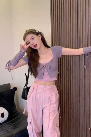 Sweet Cool Spicy Girl Halter Neck Short Sleeve Cardigan and Crop Top Two-Piece Set - Unique Korean Style Women's Fashion