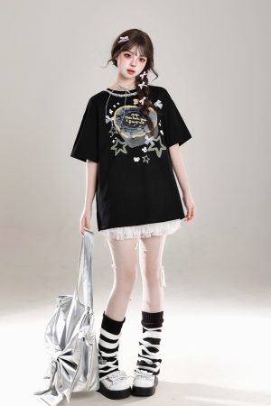 Sweet Floral Lace Print Short-Sleeve T-Shirt for Women, Slim Fit Summer 2025 Cute Half-Sleeve Top, Perfect for Y2K Style